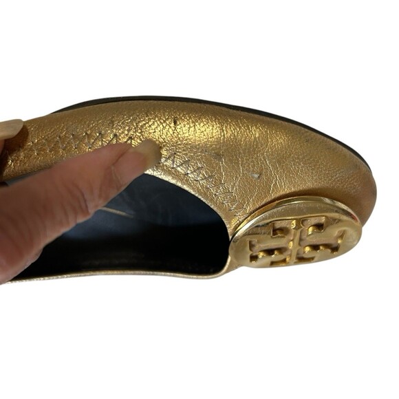 Tory Burch Distressed Leather Reva Gold Ballet Flat Slip On Shoes Womens Sz 6.5 - Picture 15 of 16